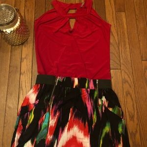 Charlotte Russe red top w/multi color skirt